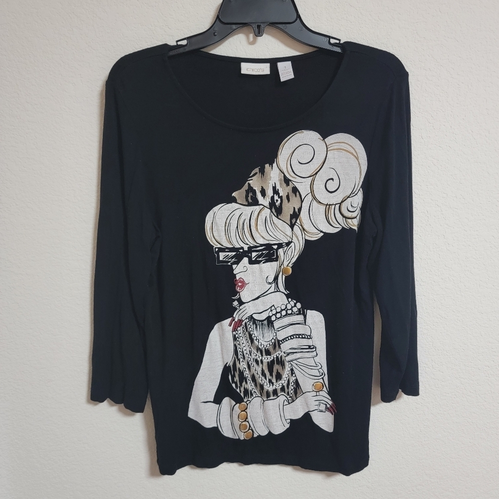 Chico's Fun Lady Black Long Sleeve T-shirt